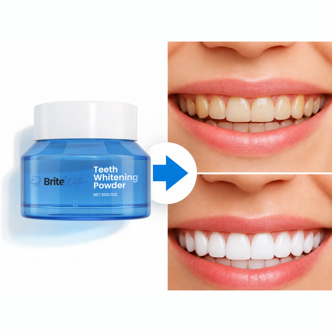 Before and after comparison of teeth whitening results using BriteWite Canam Manuals powder, the type of clip that circulates widely online