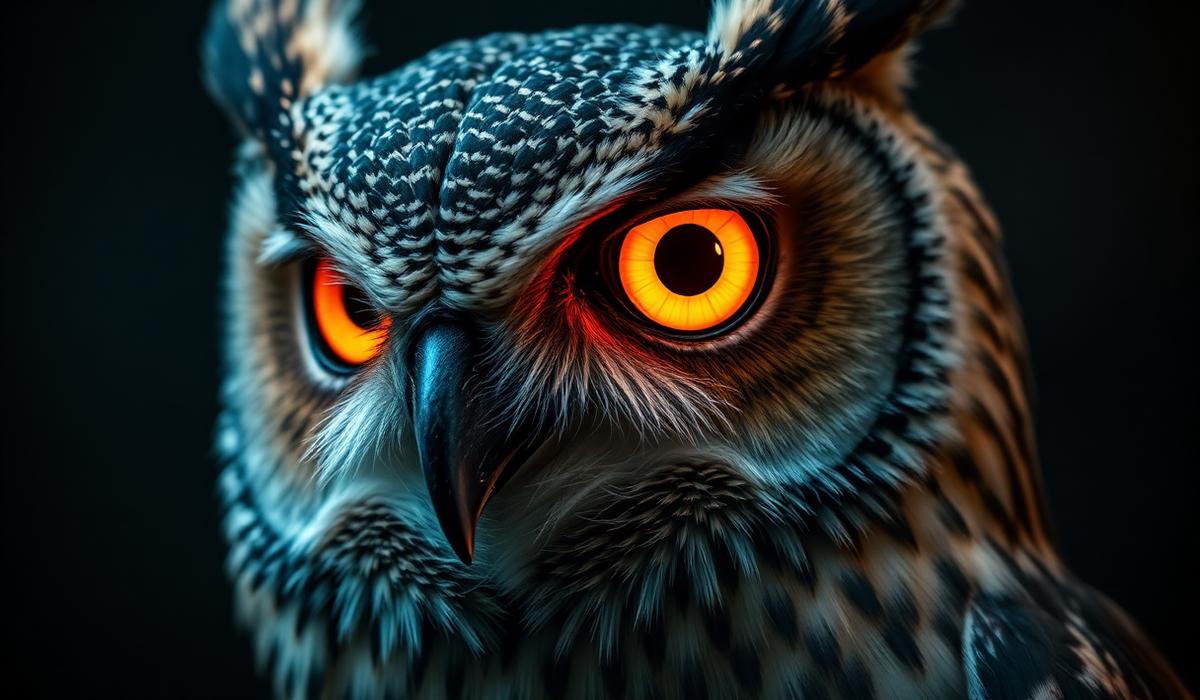 Close-up of an owl with bright amber eyes